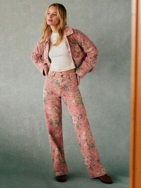 Sezane Wide Leg Jeans Trousers High Rise Floral Almeria Print Pink Green Size 38